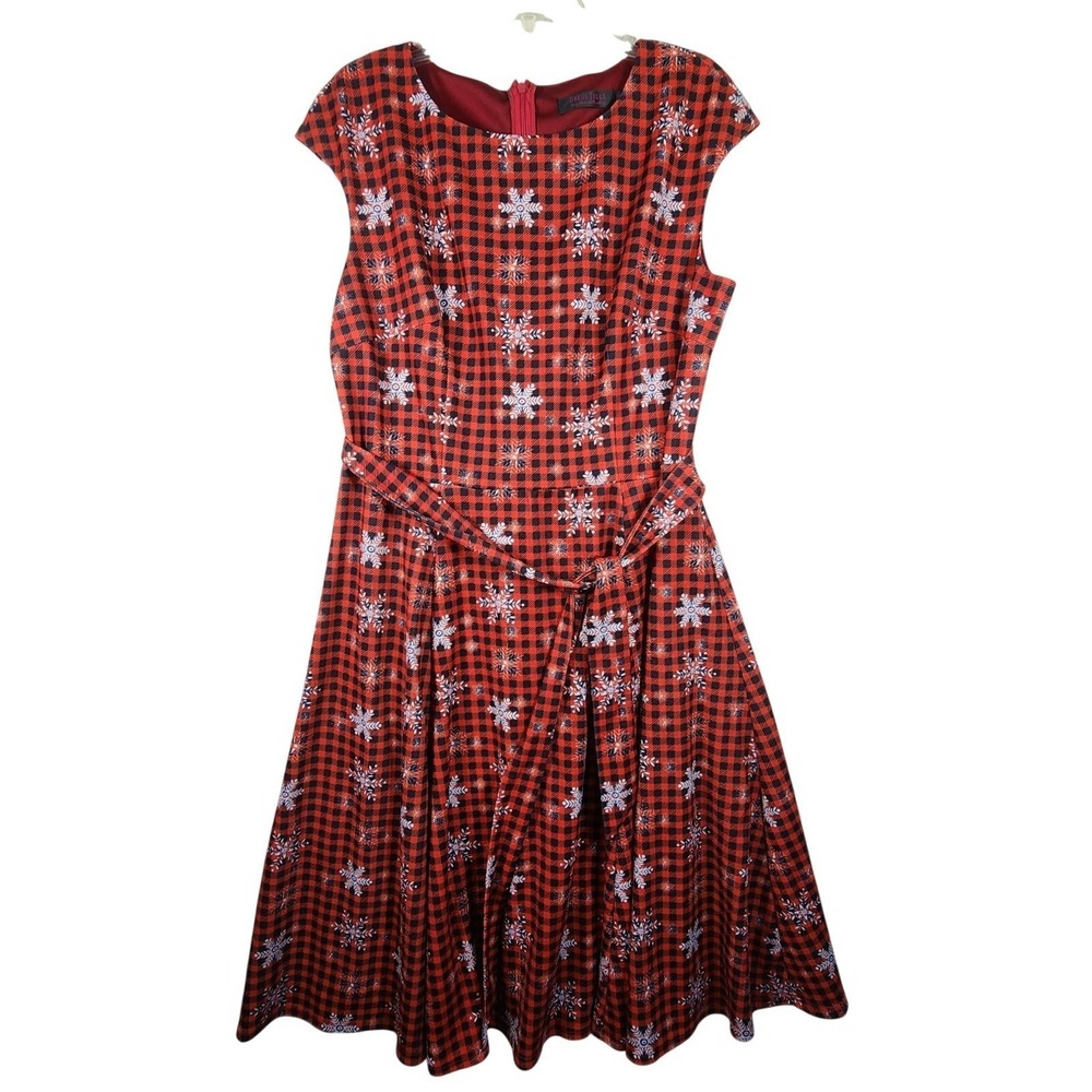 Dress Tells Womens 2XL Fit Flare Dress Red Buffalo Plaid Snowflake Christmas